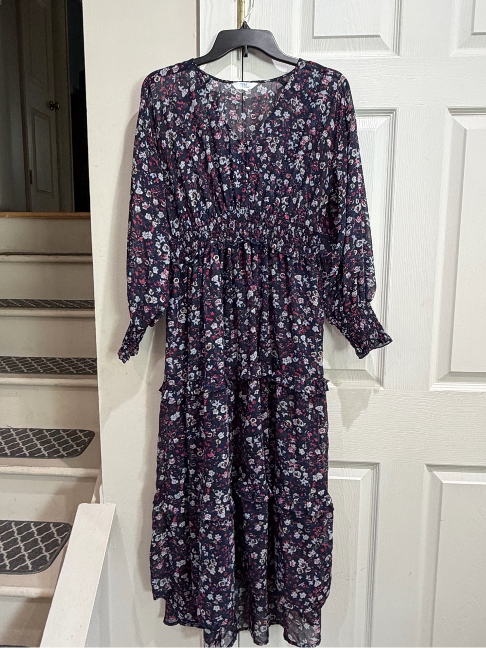 Time and Tru Navy Floral Tiered Maxi Dress with Pink Accents